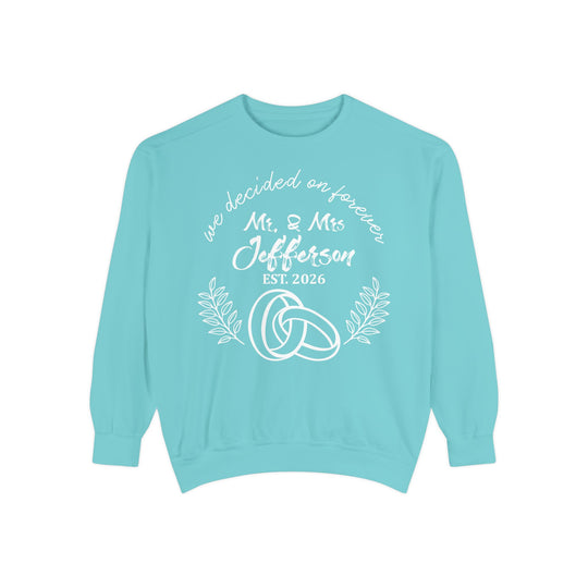 Personalized Mr. &amp; Mrs. Wedding Sweatshirt | Custom Last Name and Est. Date | Comfort Colors 1566 Pullover Sweatshirt