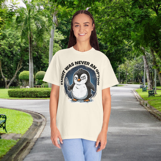 Flight Was Never An Option | Funny Penguin T-Shirt with Penguin Holding a Knife | Ironic Fight or Flight Response
