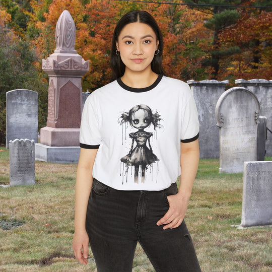 Creepy Watercolor Doll Fall Ringer Tee | Halloween Horror Graphic T-Shirt