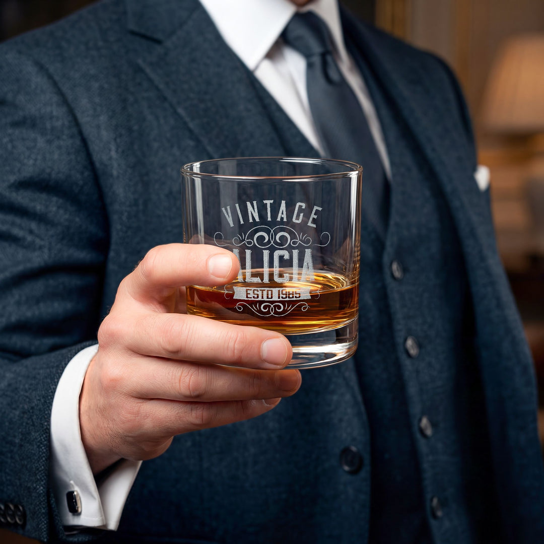 Engraved Vintage Rocks Glass Personalized with Name and Birth Year - Birthday Gift for Whiskey Lovers