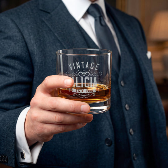 Engraved Vintage Rocks Glass Personalized with Name and Birth Year - Birthday Gift for Whiskey Lovers