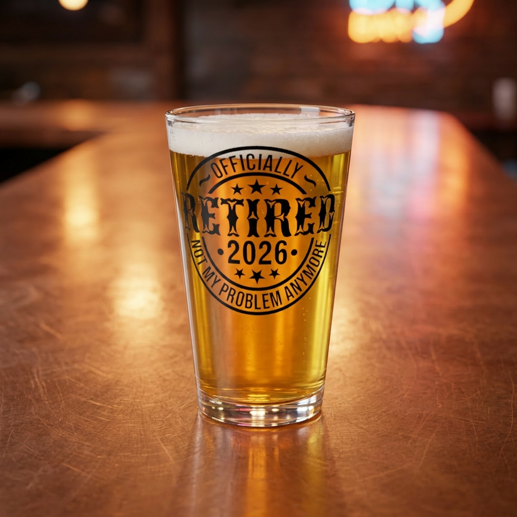 Custom Retirement Gift Pint Glass - Personalized Retiree Gift Beer Glass with Black Print - Officially Retired 2026