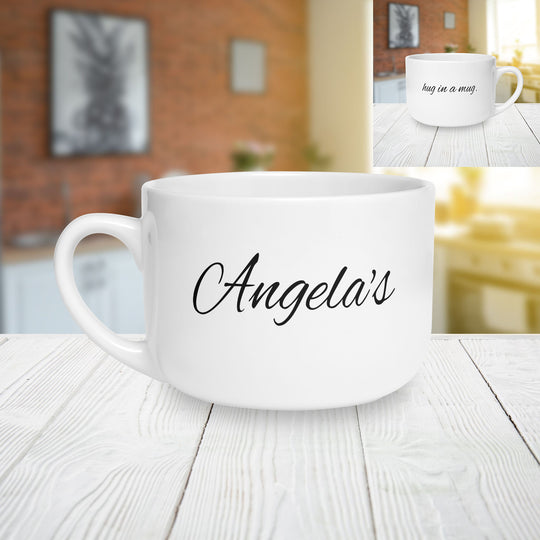Personalized Script Name with Hug in a Mug Latte Mug | 25oz Ceramic Coffee Mug