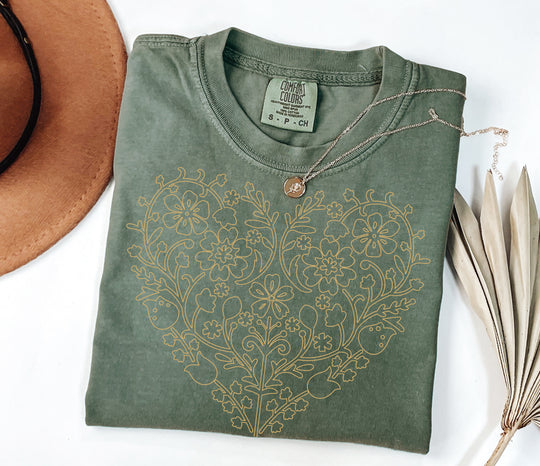 BOHO Floral Heart T-Shirt | Fall Flowers &amp; Hearts Comfort Colors® Tee for Women