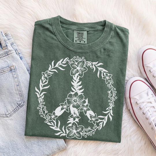 Peace Sign BOHO Floral Heart T-Shirt | Fall Flowers &amp; Hearts Comfort Colors® Tee for Women