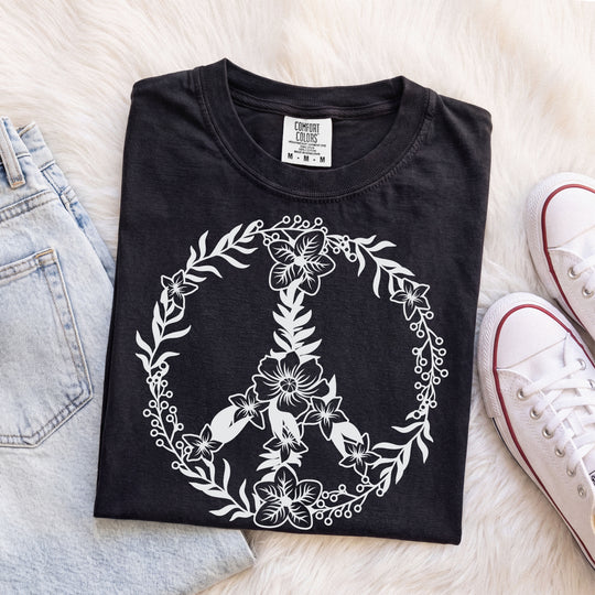 Peace Sign BOHO Floral Heart T-Shirt | Fall Flowers &amp; Hearts Comfort Colors® Tee for Women