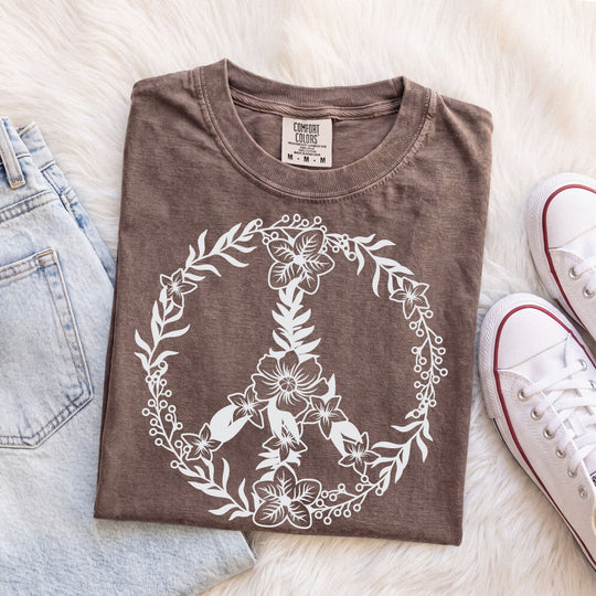 Peace Sign BOHO Floral Heart T-Shirt | Fall Flowers &amp; Hearts Comfort Colors® Tee for Women