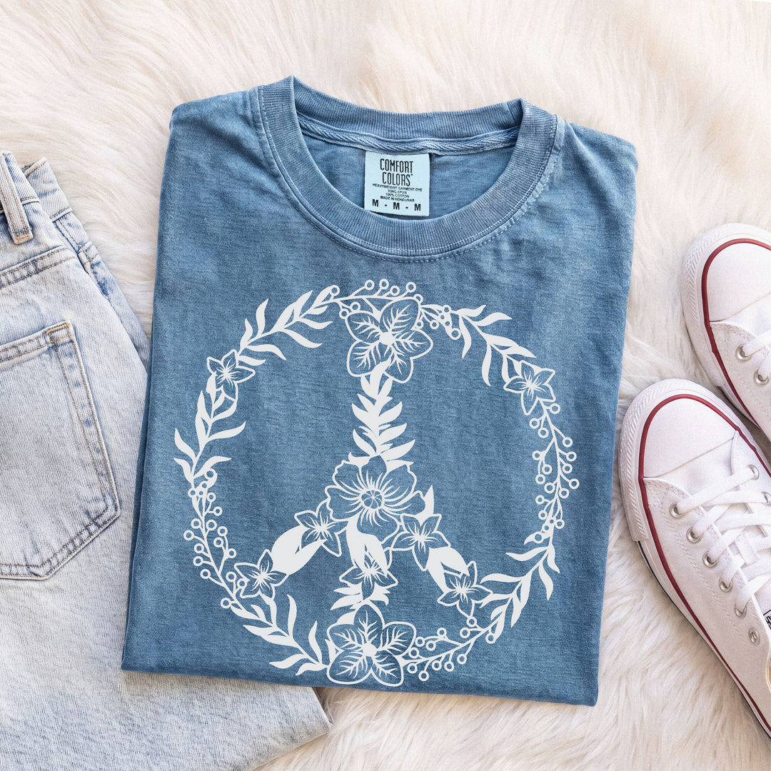 Peace Sign BOHO Floral Heart T-Shirt | Fall Flowers &amp; Hearts Comfort Colors® Tee for Women