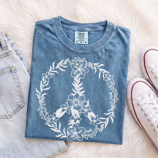 Peace Sign BOHO Floral Heart T-Shirt | Fall Flowers &amp; Hearts Comfort Colors® Tee for Women