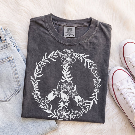 Peace Sign BOHO Floral Heart T-Shirt | Fall Flowers &amp; Hearts Comfort Colors® Tee for Women