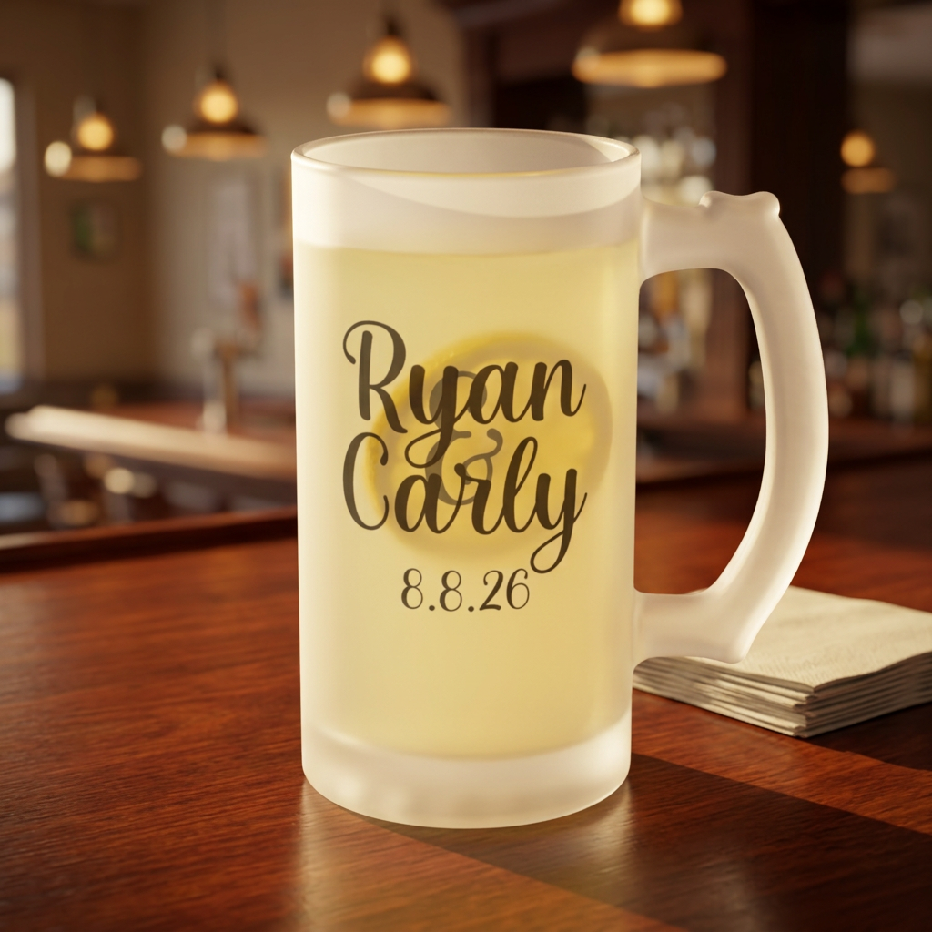 Custom Wedding Favor Beer Mug | Personalized 16oz Frosted Glass Beer Mug with Bride and Groom Names and Wedding Date