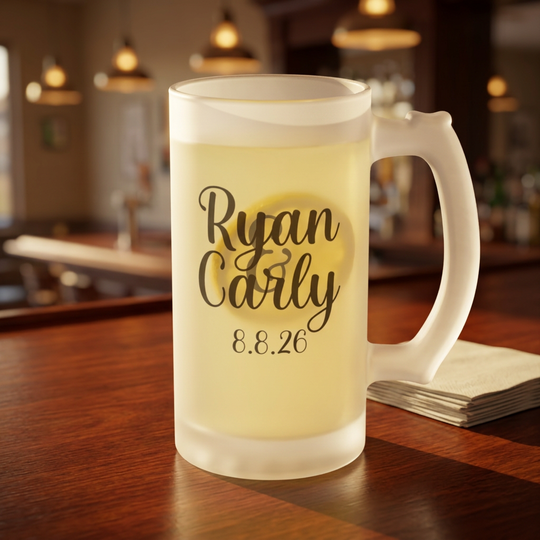 Custom Wedding Favor Beer Mug | Personalized 16oz Frosted Glass Beer Mug with Bride and Groom Names and Wedding Date