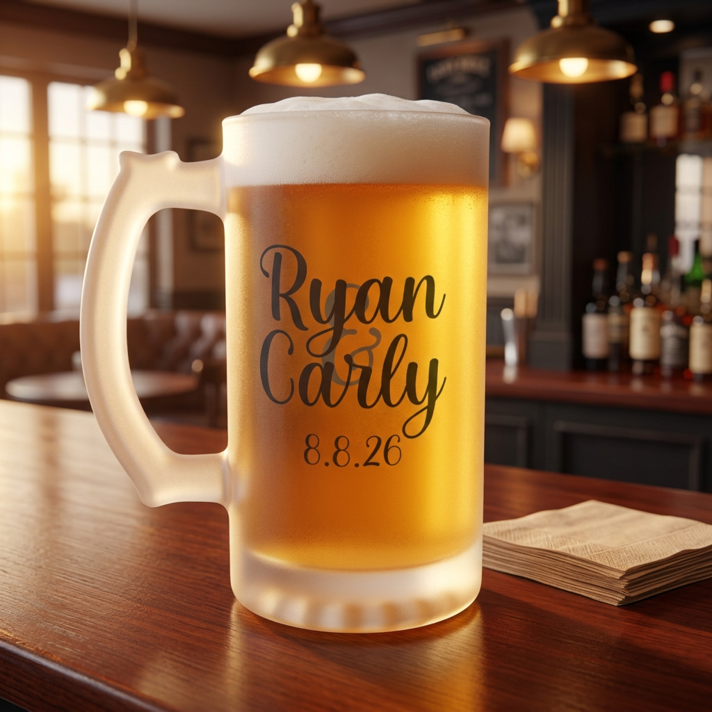Custom Wedding Favor Beer Mug | Personalized 16oz Frosted Glass Beer Mug with Bride and Groom Names and Wedding Date