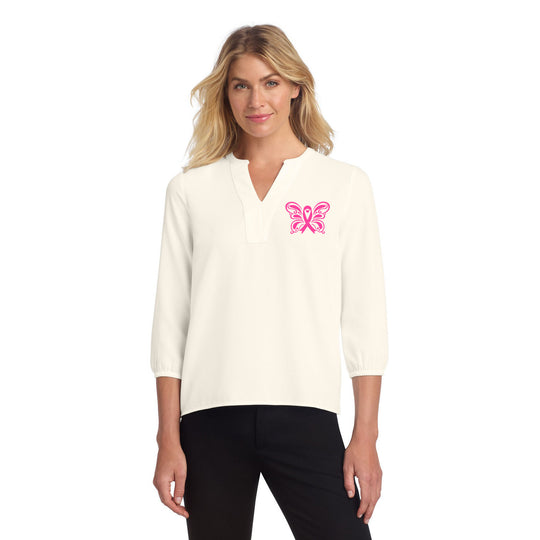Pink Ribbon Butterfly Breast Cancer Awareness Support | 3/4 Sleeve Blouse | In October We Wear Pink