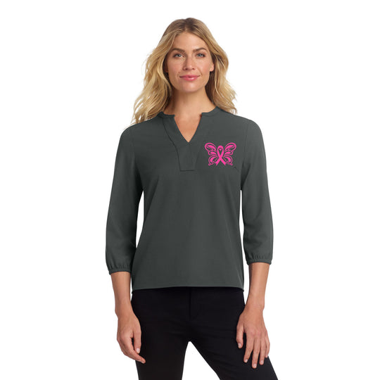 Pink Ribbon Butterfly Breast Cancer Awareness Support | 3/4 Sleeve Blouse | In October We Wear Pink
