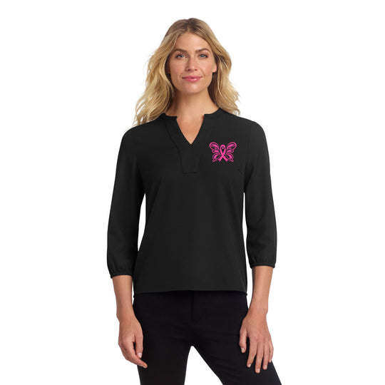 Pink Ribbon Butterfly Breast Cancer Awareness Support | 3/4 Sleeve Blouse | In October We Wear Pink