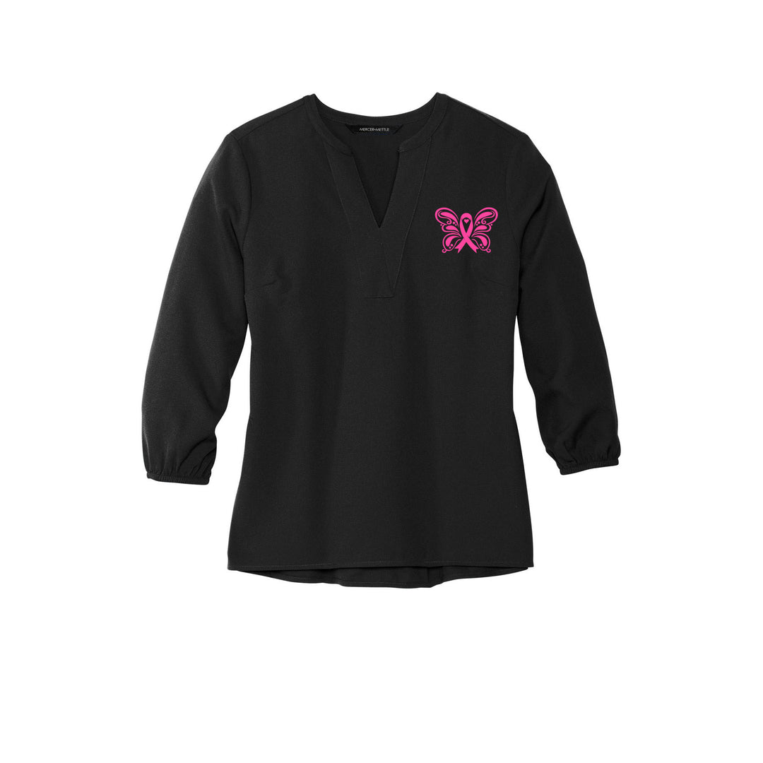 Pink Ribbon Butterfly Breast Cancer Awareness Support | 3/4 Sleeve Blouse | In October We Wear Pink