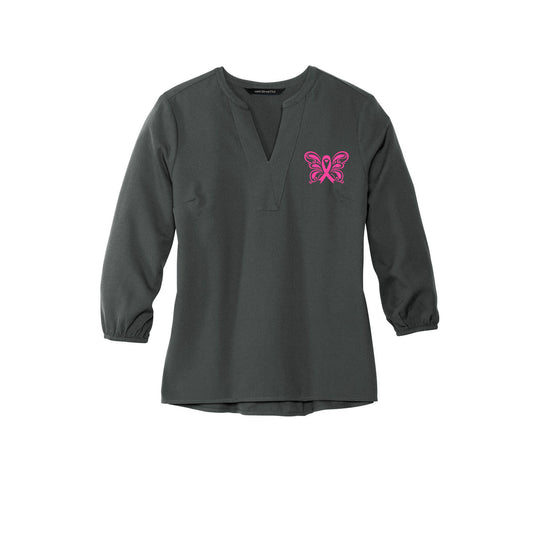 Pink Ribbon Butterfly Breast Cancer Awareness Support | 3/4 Sleeve Blouse | In October We Wear Pink