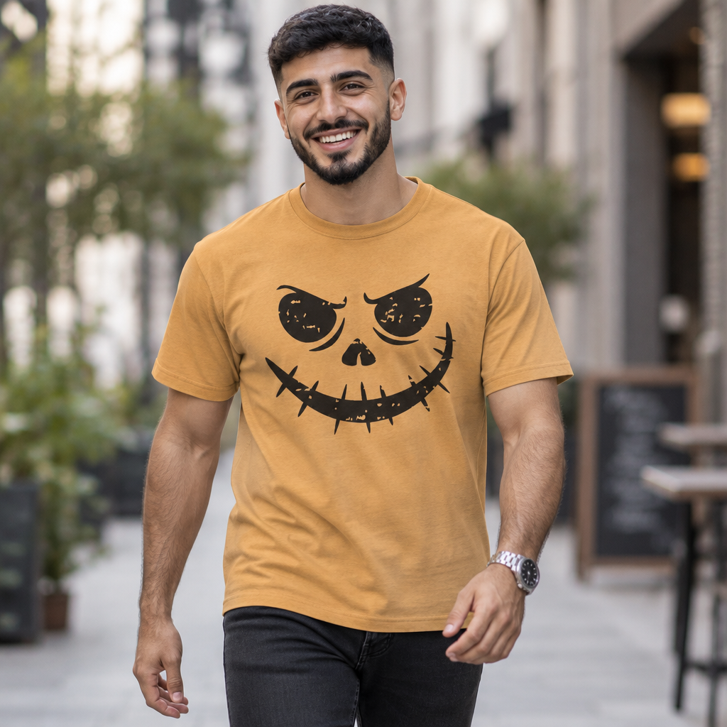 Grunge Pumpkin Face Grinning Skull Face T-Shirt | Mineral Wash Halloween Tee
