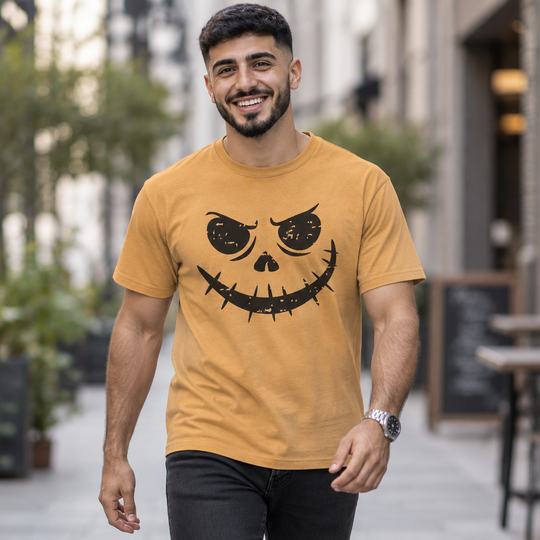 Grunge Pumpkin Face Grinning Skull Face T-Shirt | Mineral Wash Halloween Tee