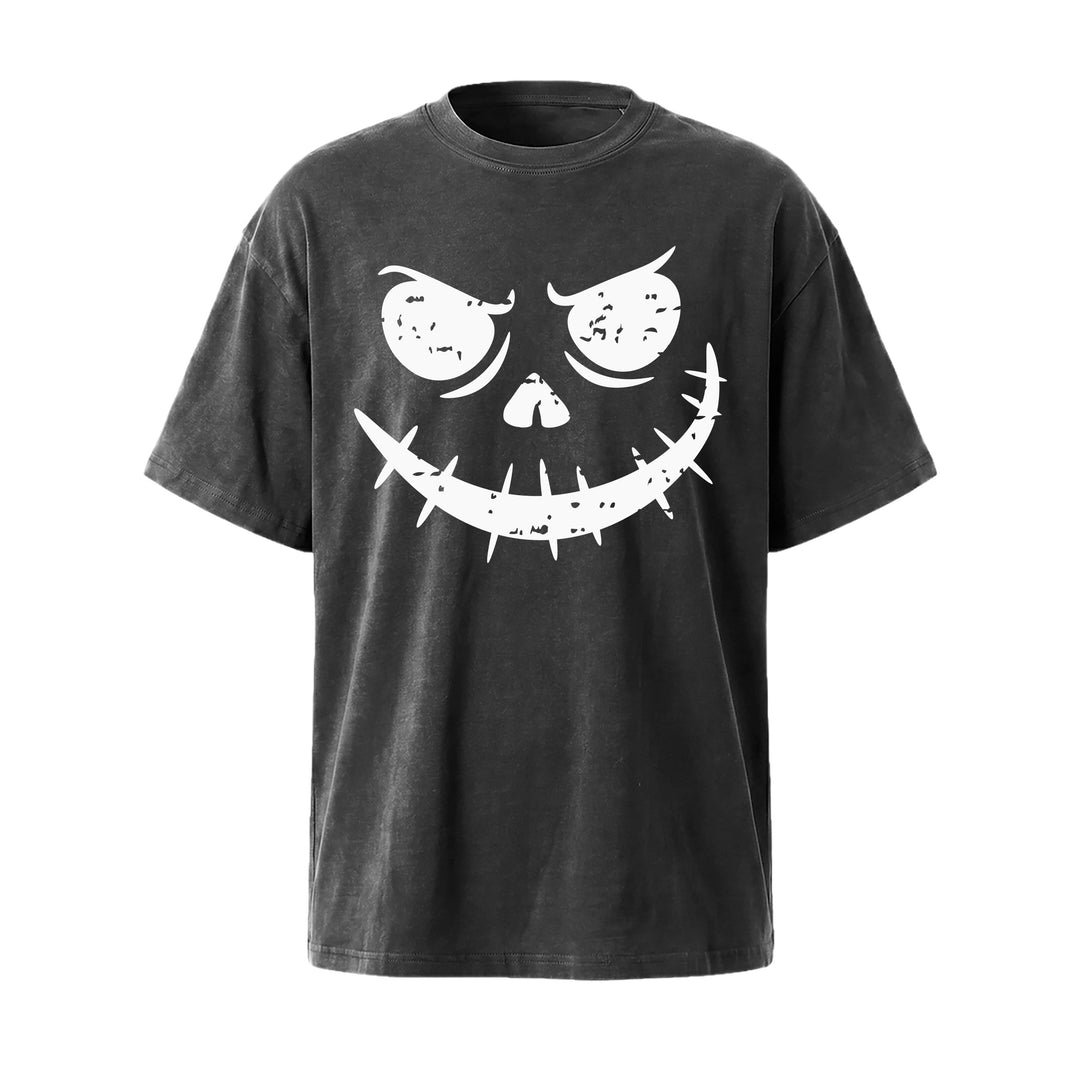 Grunge Pumpkin Face Grinning Skull Face T-Shirt | Mineral Wash Halloween Tee