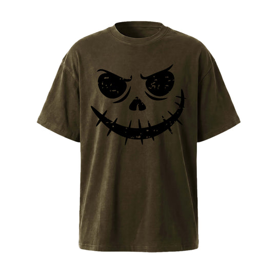 Grunge Pumpkin Face Grinning Skull Face T-Shirt | Mineral Wash Halloween Tee