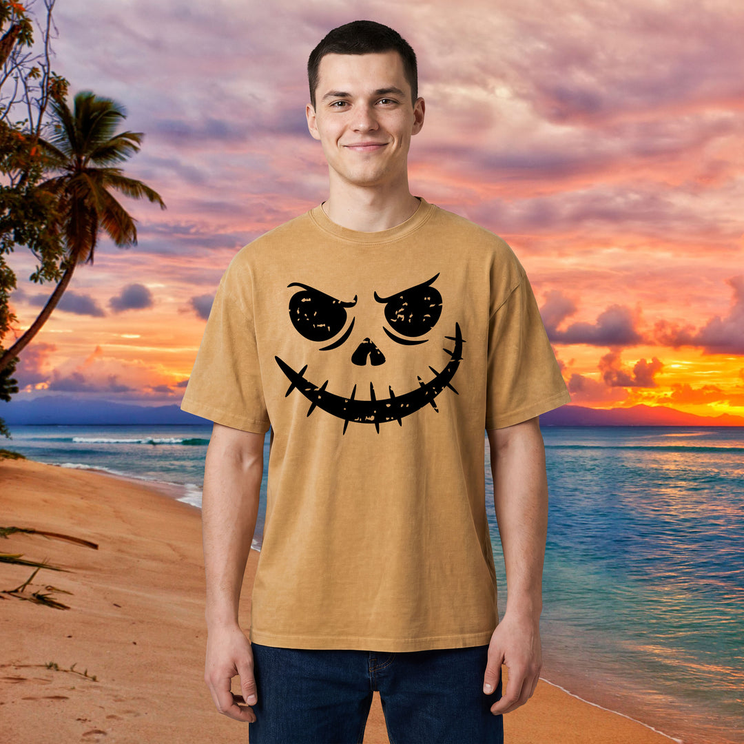 Grunge Pumpkin Face Grinning Skull Face T-Shirt | Mineral Wash Halloween Tee