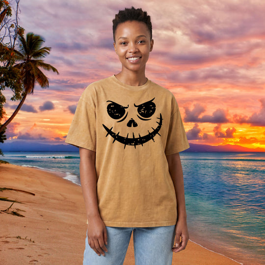 Grunge Pumpkin Face Grinning Skull Face T-Shirt | Mineral Wash Halloween Tee
