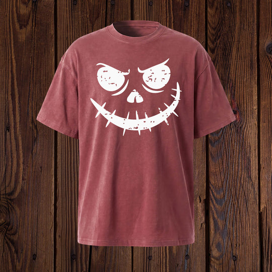 Grunge Pumpkin Face Grinning Skull Face T-Shirt | Mineral Wash Halloween Tee