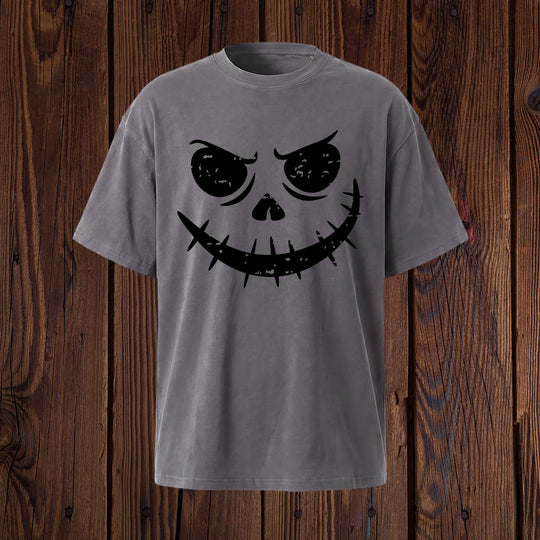 Grunge Pumpkin Face Grinning Skull Face T-Shirt | Mineral Wash Halloween Tee