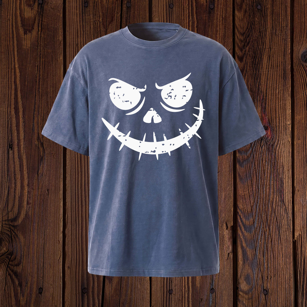 Grunge Pumpkin Face Grinning Skull Face T-Shirt | Mineral Wash Halloween Tee