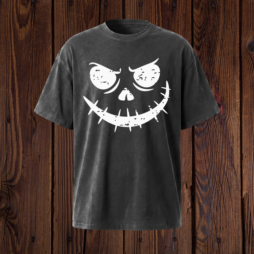 Grunge Pumpkin Face Grinning Skull Face T-Shirt | Mineral Wash Halloween Tee