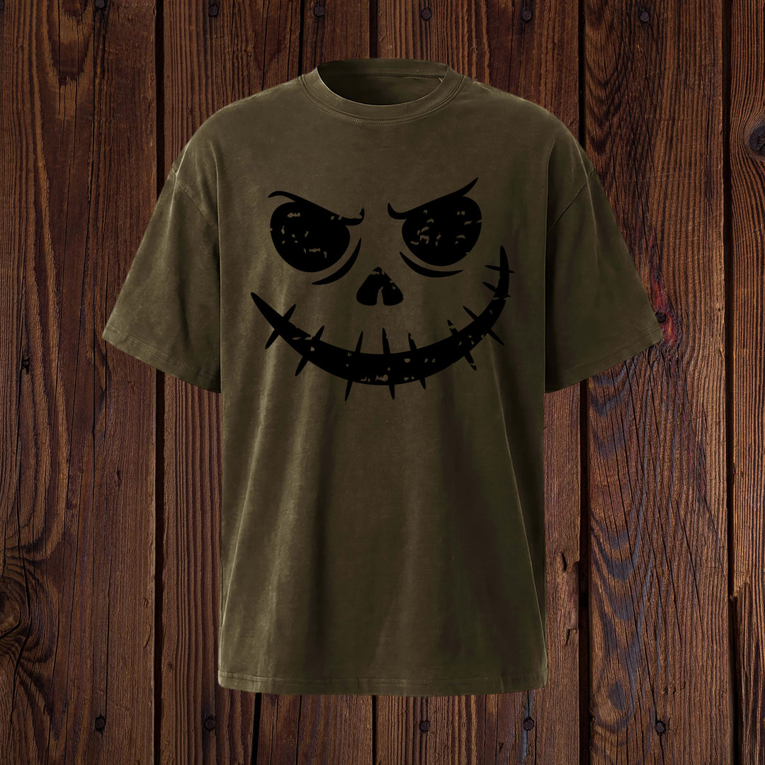 Grunge Pumpkin Face Grinning Skull Face T-Shirt | Mineral Wash Halloween Tee