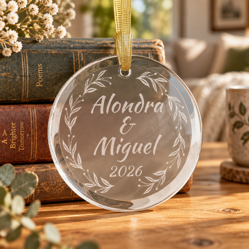 Personalized Christmas 2026 Glass Ornaments | Bride and Groom Names | Wedding Favors with Gold Ribbon