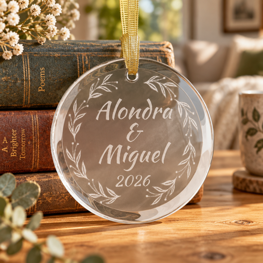 Personalized Christmas 2026 Glass Ornaments | Bride and Groom Names | Wedding Favors with Gold Ribbon