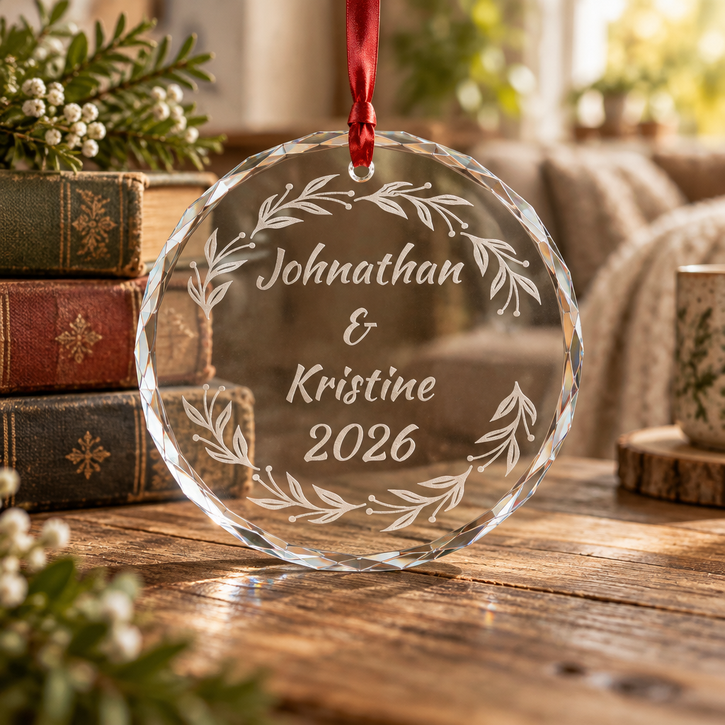 Personalized Name and Date Wreath Crystal Glass Ornament for Christmas 2026