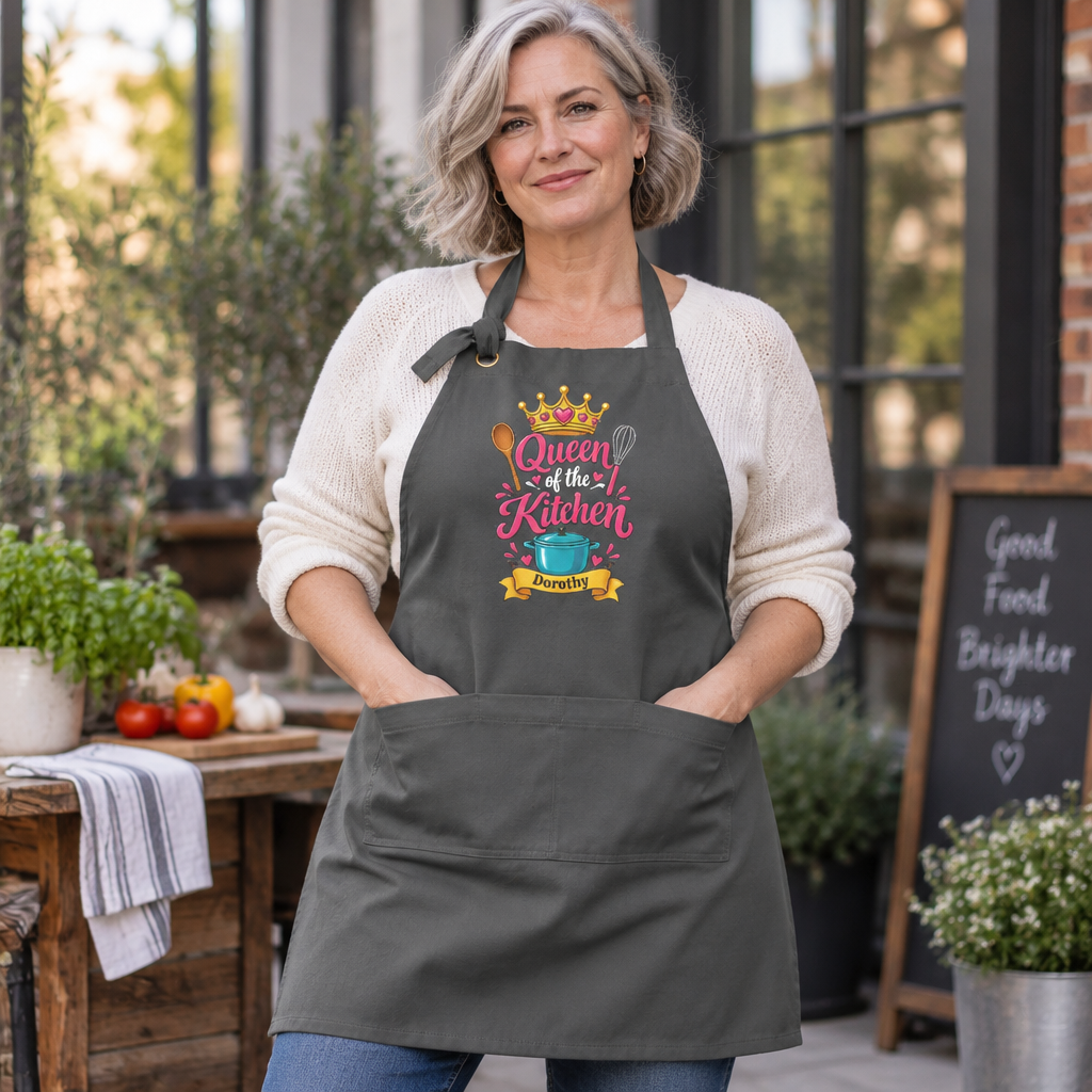 Personalized Queen of the Kitchen Apron with Crown and Utensils | Custom Name Apron | Christmas Gift for Her