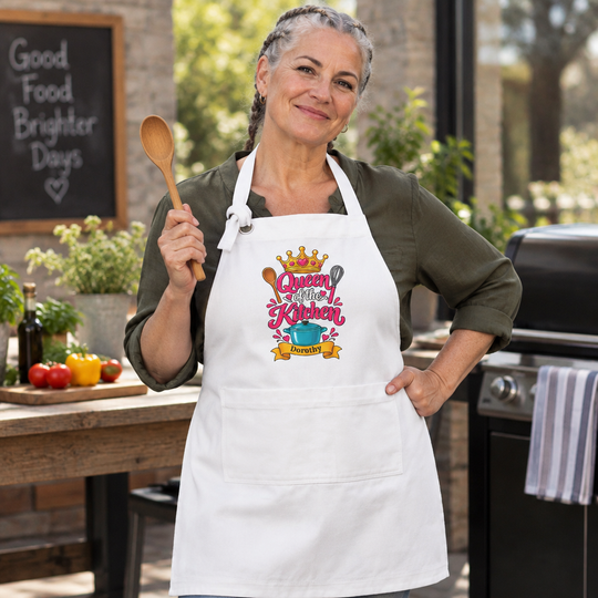 Personalized Queen of the Kitchen Apron with Crown and Utensils | Custom Name Apron | Christmas Gift for Her