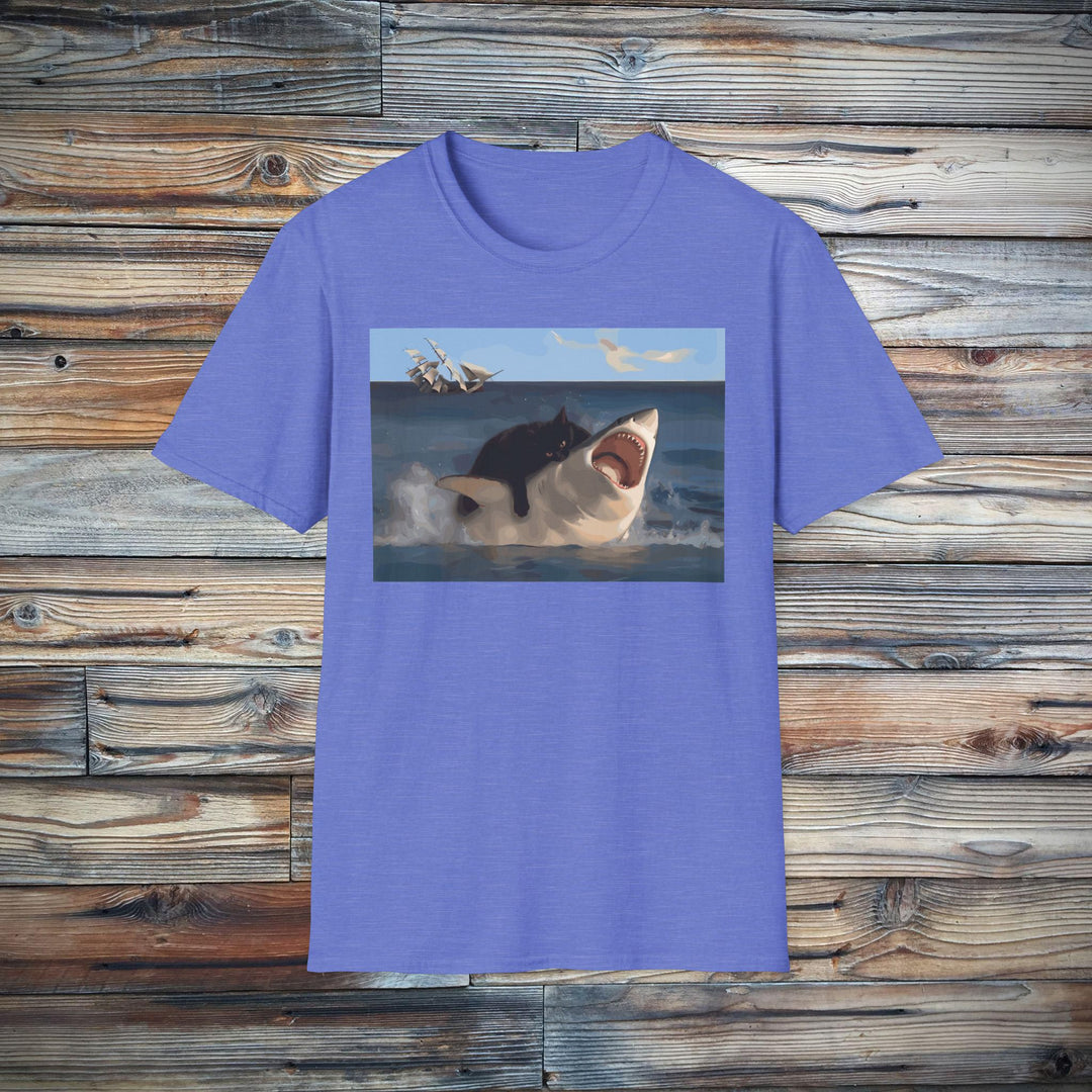 Cat vs. Shark T-Shirt - David & Goliath-Inspired Battle Graphic Tee for Animal Lovers