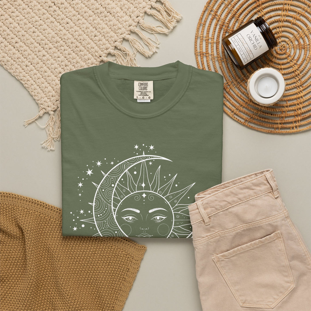 Celestial Boho Moon &amp; Sun Line T-Shirt | Mystical Spiritual Graphic Tee