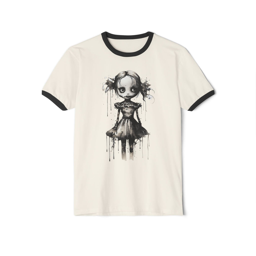 Creepy Watercolor Doll Fall Ringer Tee | Halloween Horror Graphic T-Shirt
