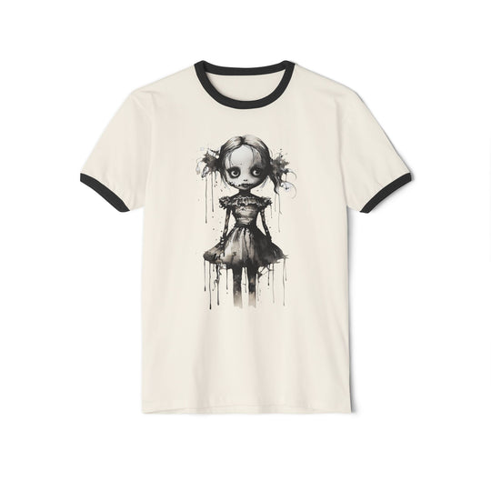 Creepy Watercolor Doll Fall Ringer Tee | Halloween Horror Graphic T-Shirt