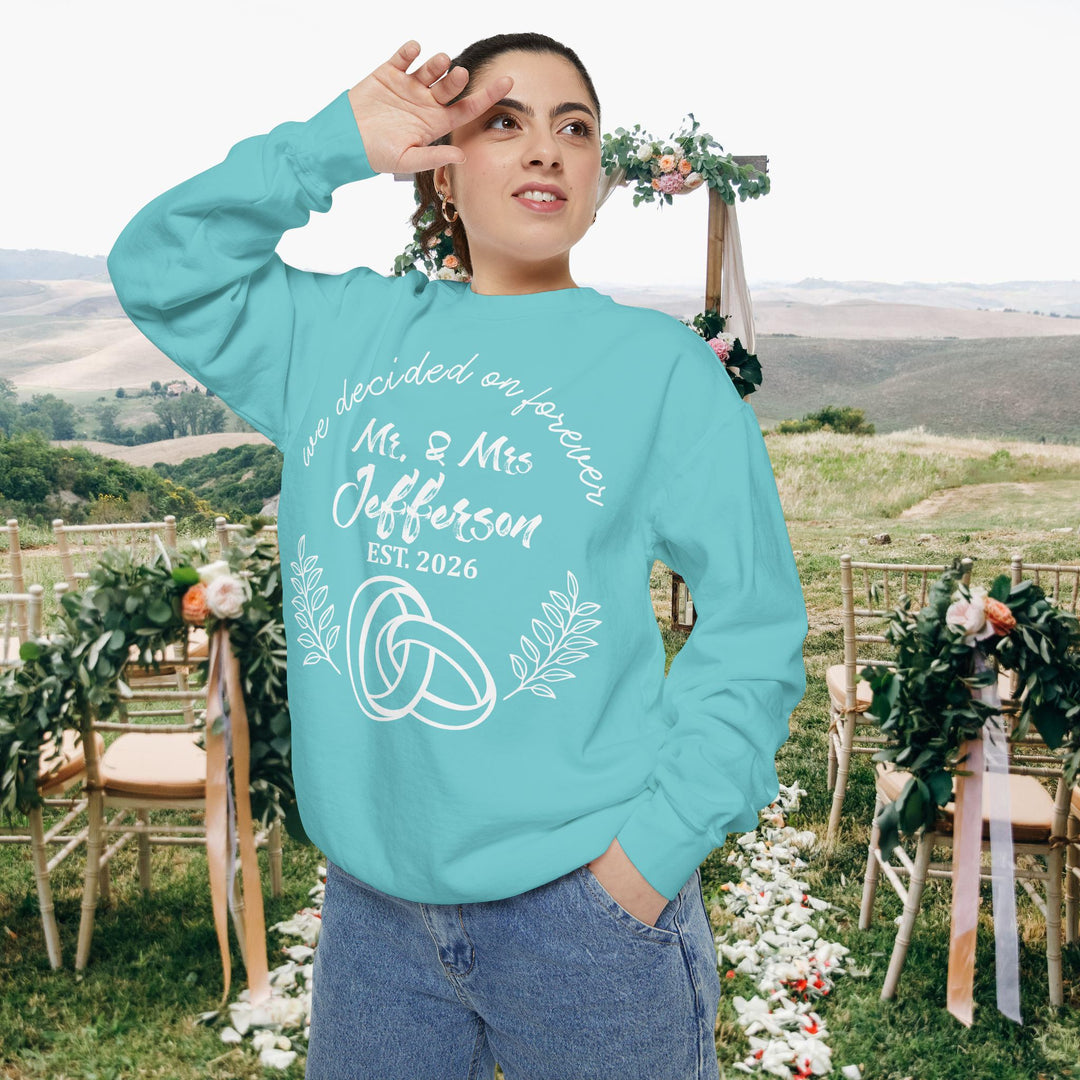Personalized Mr. &amp; Mrs. Wedding Sweatshirt | Custom Last Name and Est. Date | Comfort Colors 1566 Pullover Sweatshirt