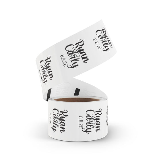 Script Names with Date Round Wedding Name Labels | Roll of 50, 100, 250 Stickers
