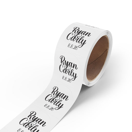 Script Names with Date Round Wedding Name Labels | Roll of 50, 100, 250 Stickers
