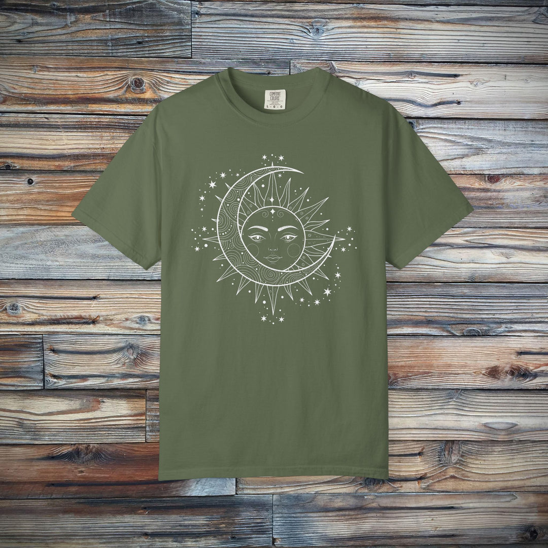 Celestial Boho Moon &amp; Sun Line T-Shirt | Mystical Spiritual Graphic Tee