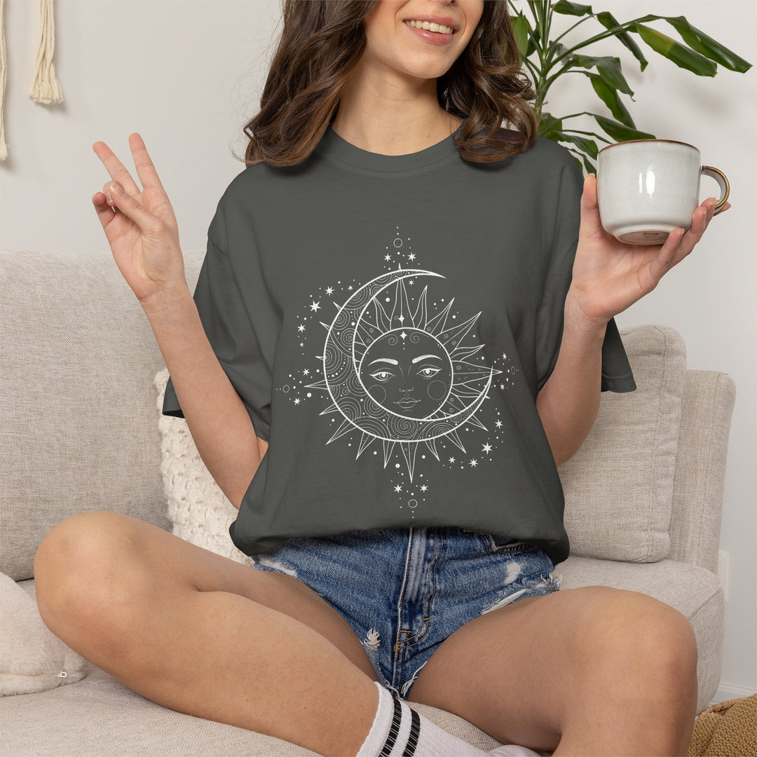 Celestial Boho Moon &amp; Sun Line T-Shirt | Mystical Spiritual Graphic Tee