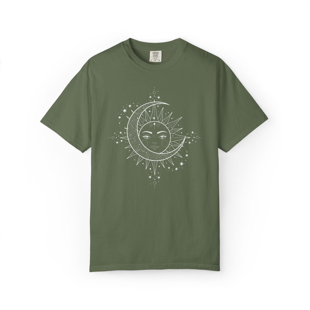 Celestial Boho Moon &amp; Sun Line T-Shirt | Mystical Spiritual Graphic Tee