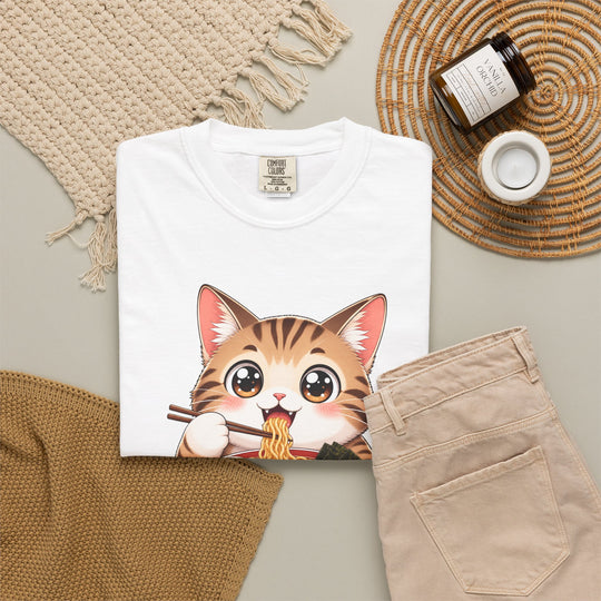 Cat Ramen Anime T-Shirt | Kawaii Cat Eating Ramen Noodles | Unisex Graphic Tee