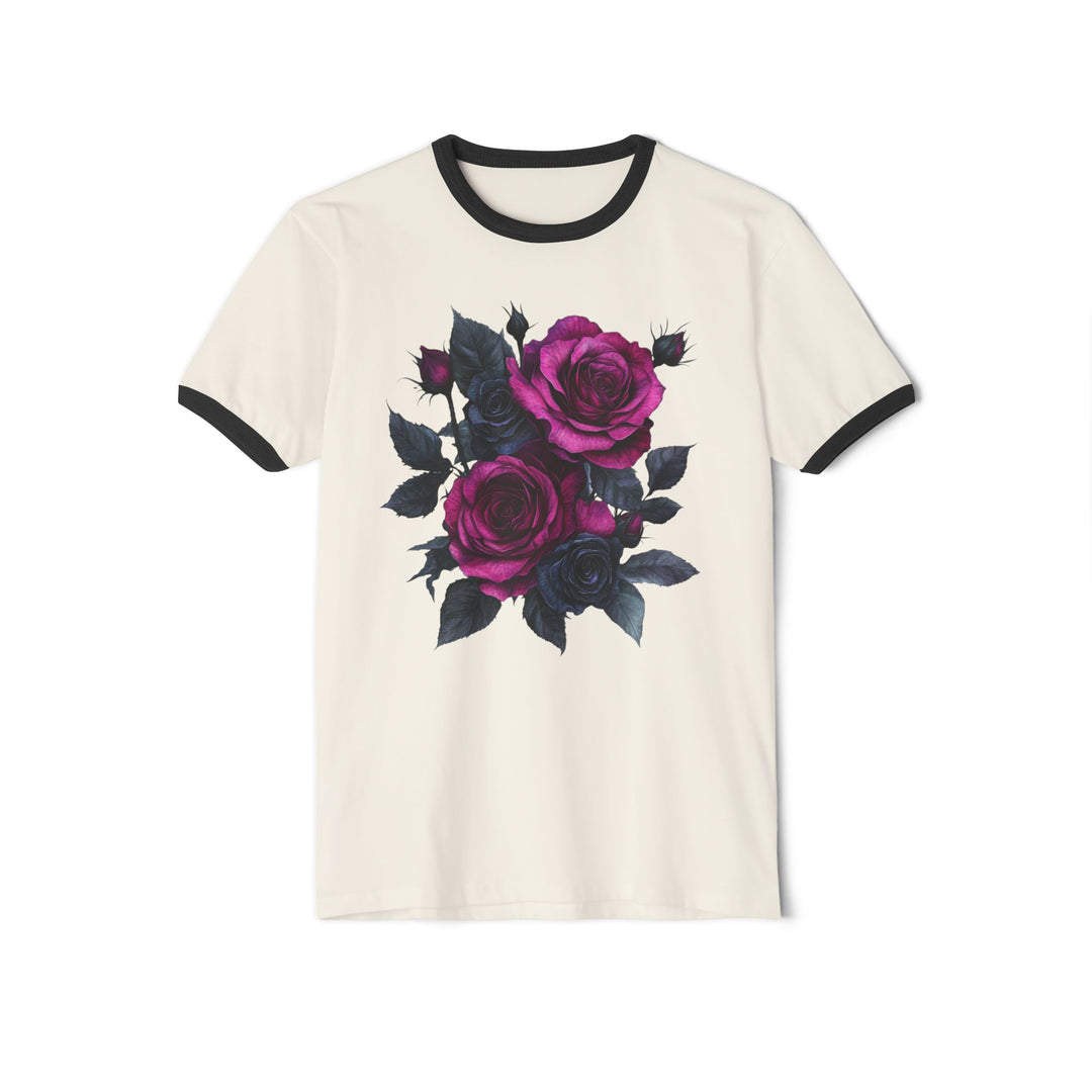 Pink &amp; Black Rose Floral Bouquet Ringer Tee | Vintage Romantic Graphic T-Shirt